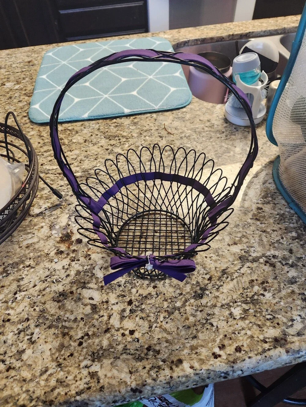 Decorative Black Wire Basket with Purple Ribbon